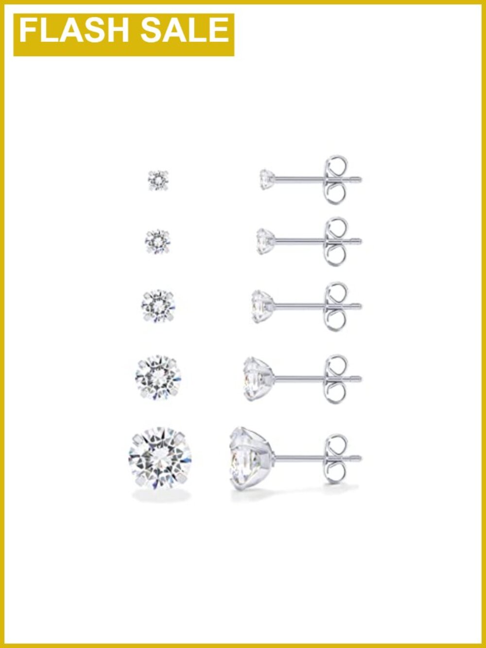 Waterproof CZ Stud Earrings 14K Gold Plated Set of 5 Surgical Steel